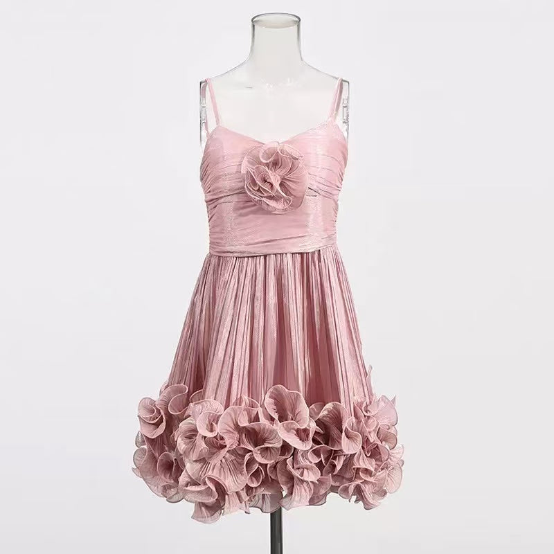 Naiya Spaghetti Flower Ruffle Mini Dress In Pink