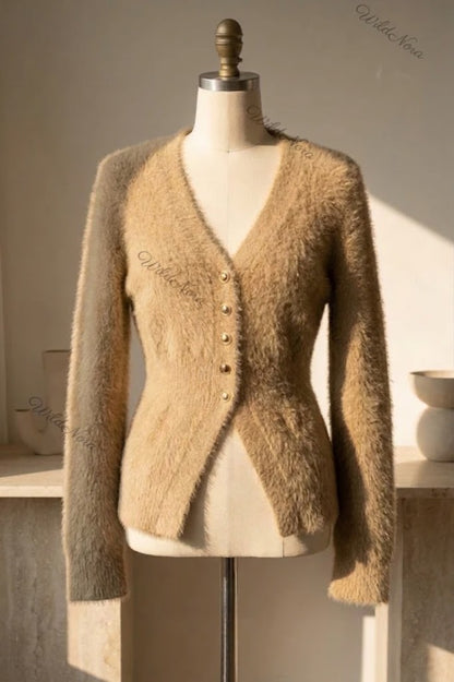 Beige Eyelash Knit Mohair Blend Fitted Cardigan