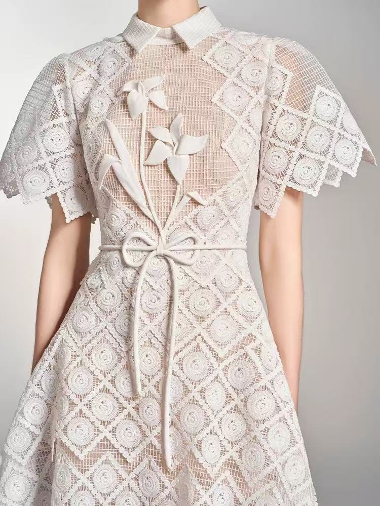 White Lace Embroidered Short Sleeve Midi Dress