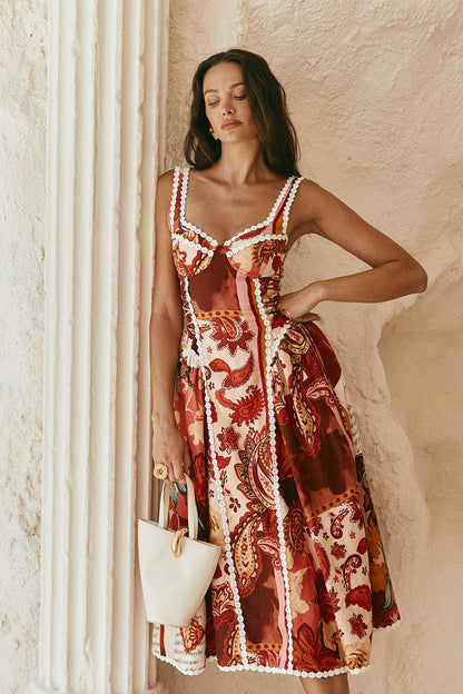 pandora Spaghetti strap lace linen patchwork midi dress