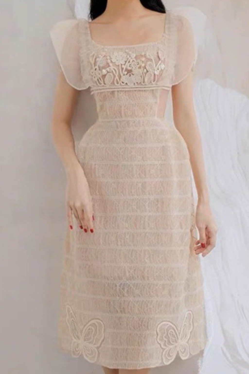 SQUARE NECK LACE MIDI DRESS IN BEIGE