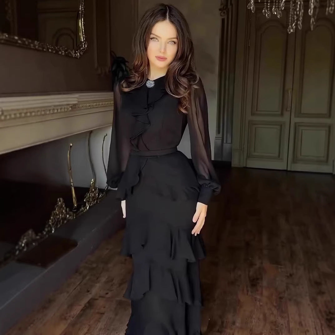 V-neck long-sleeve ruffle maxi dress