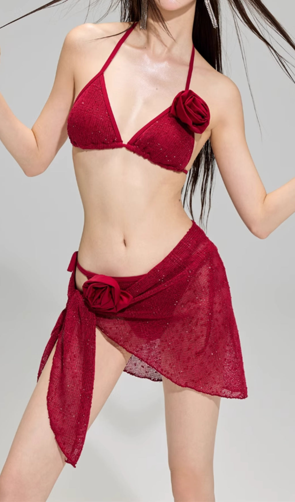 Darina Red Flower Sequin Three-Piece Swimsuit