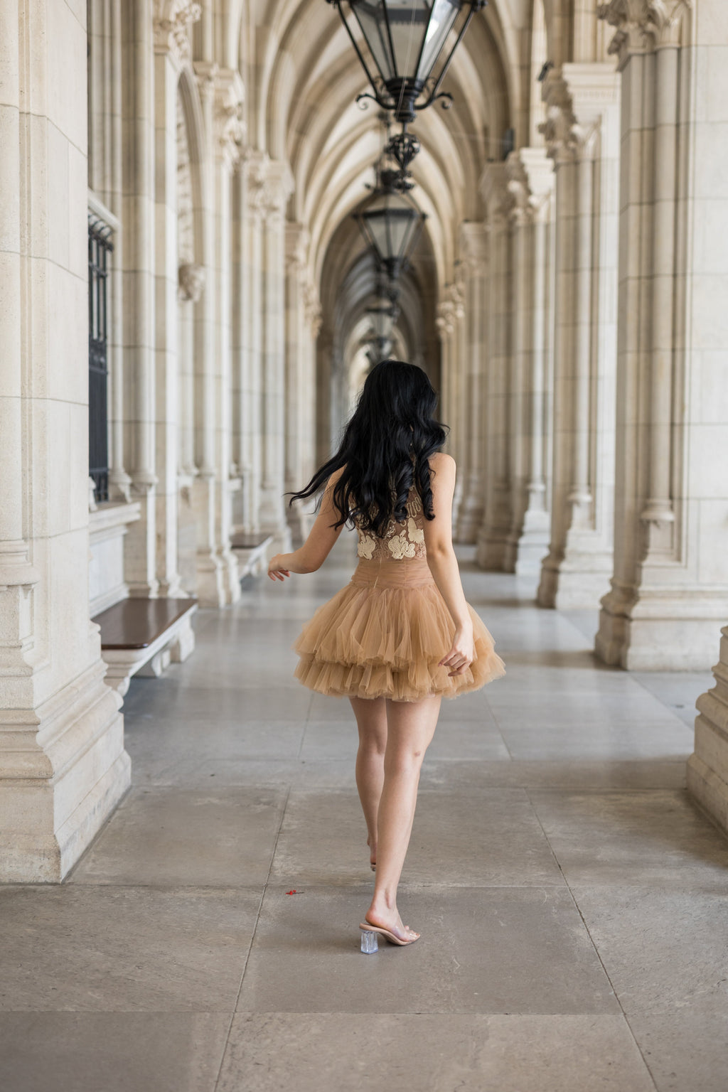 Ballerina |  Beige Tulle Mini Dress with 3D Applique
