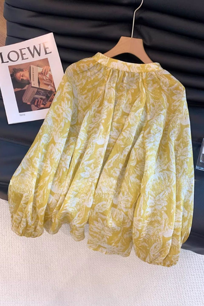 French-style lightweight printed V-neck long-sleeved shirt