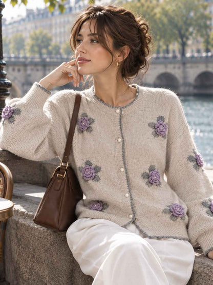New Embroidered Crew-neck Cardigan