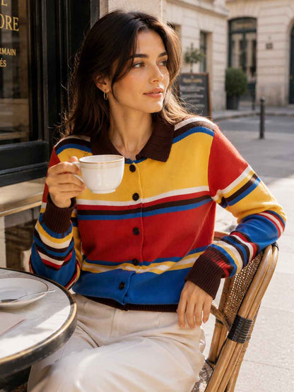 Color-blocked Striped Polo Collar Sweater
