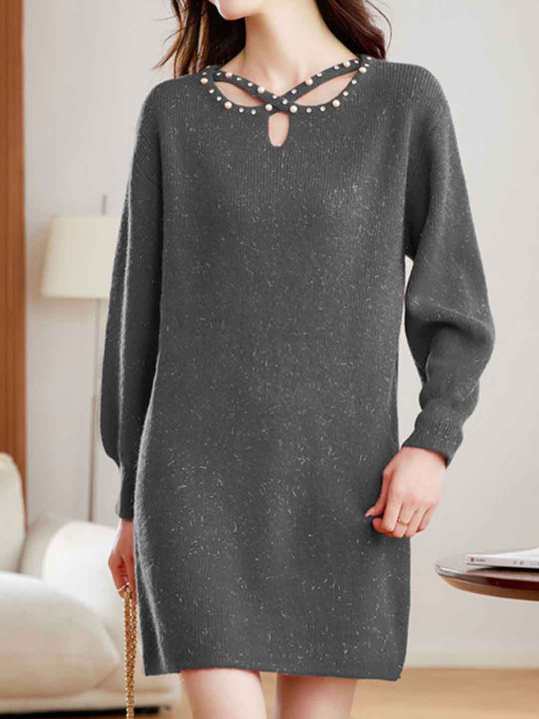 Hannah Elegant Crew Neck Beaded Knitted Sweater Dress