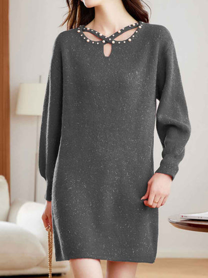 Hannah Elegant Crew Neck Beaded Knitted Sweater Dress