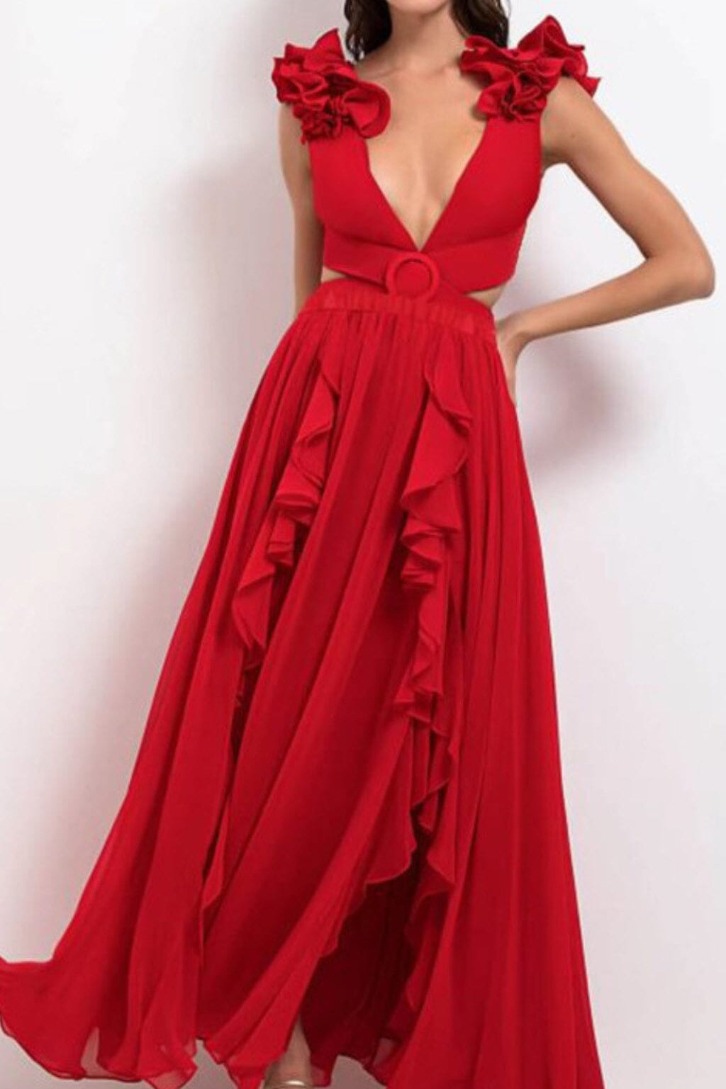 DEEP V RED CUTOUT ONE PIECE SWIMSUIT AND SKIRT styleofcb 