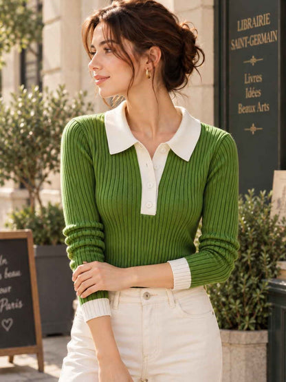 Jessica Retro Contrast Color Slim Knitted Sweater-Green