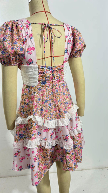 Floral lace patchwork deep V-neck puff sleeves mini dress