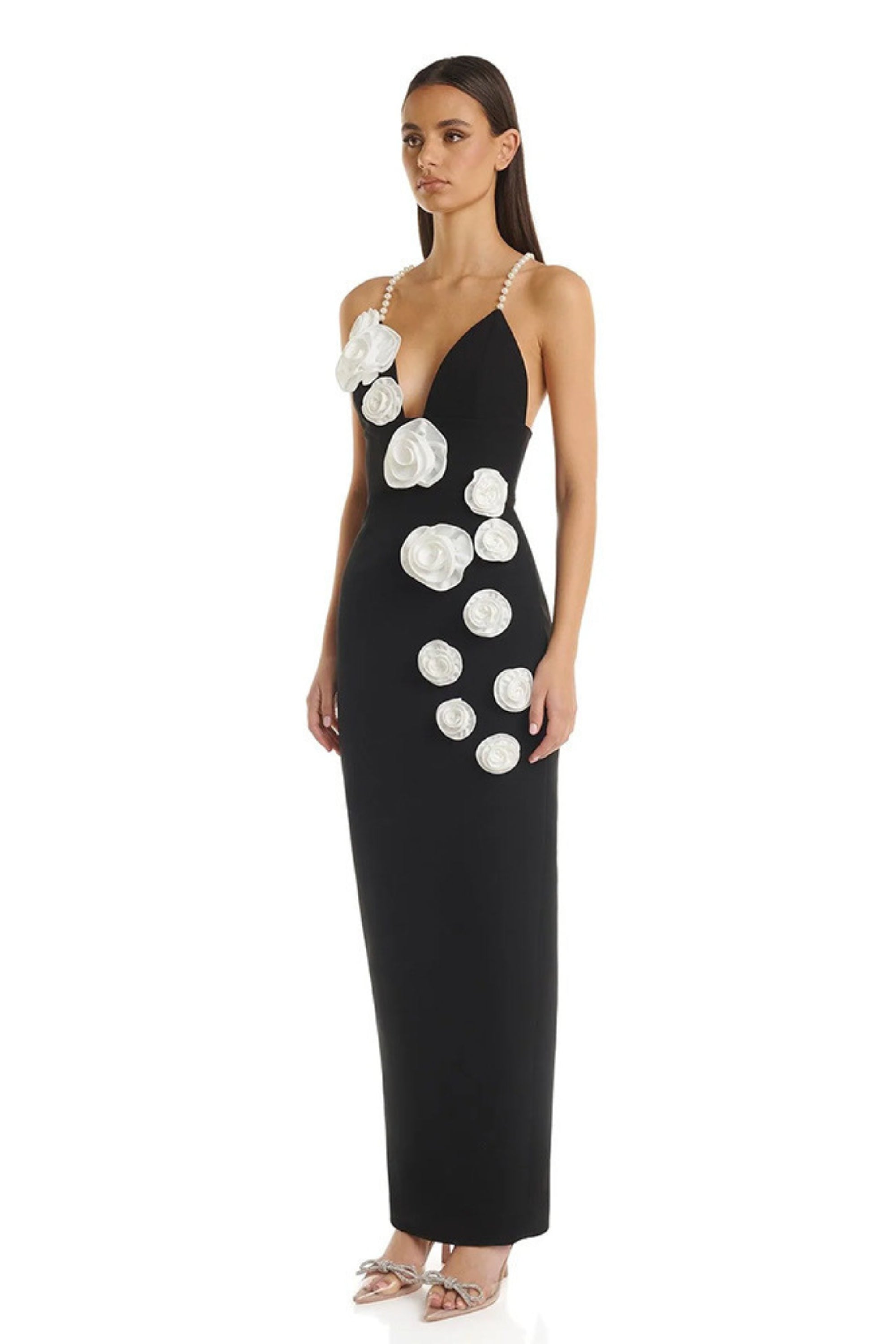 3D flower embellished maxi dress in black