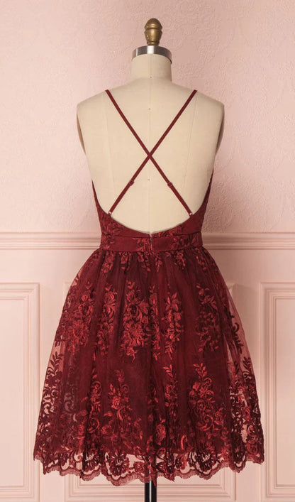 Burgundy Prom Dress - V-Neck Tulle Lace Short Party Dress