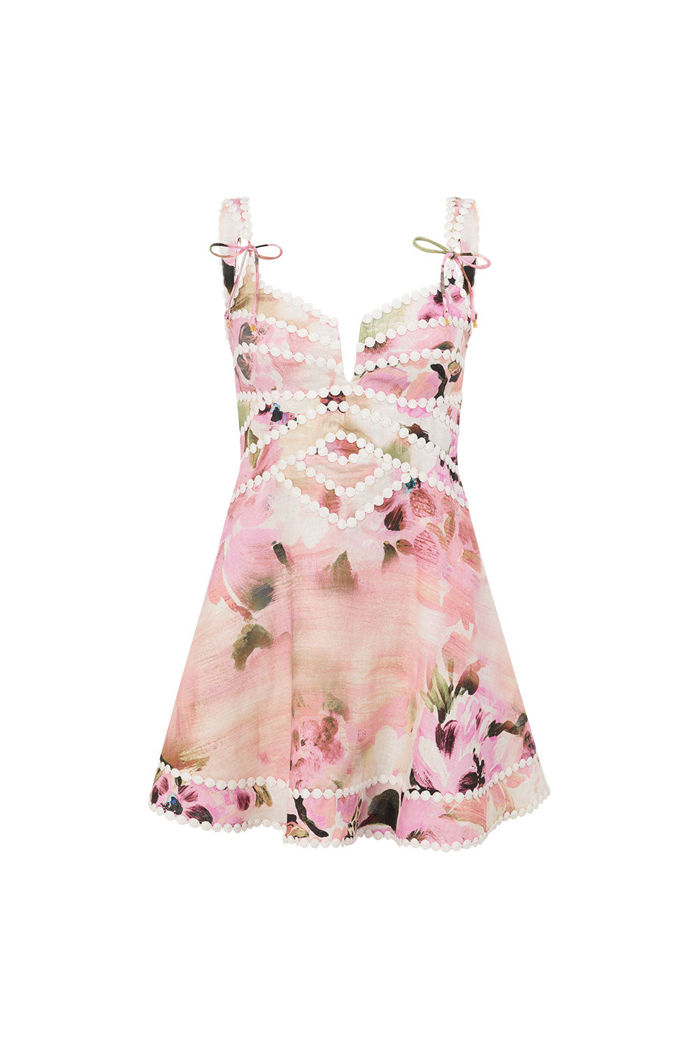 Lace-trimmed V-neck floral print  mini dress - pink