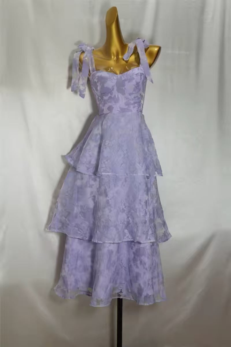 Lavender Floral Jacquard Burnout Tie-Strap Bustier Midi Dress