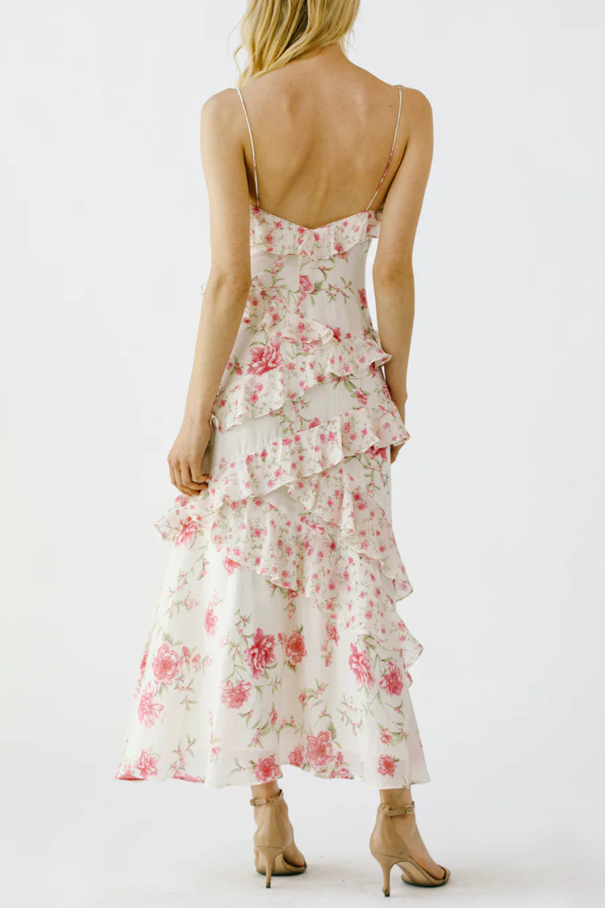 Floral Ruffle Tiered Maxi Dress - Pink & Ivory