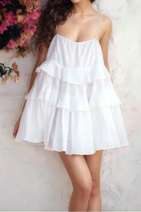 Ruffle Layered Tie Shoulder Cami mini Dress - white