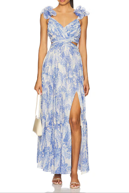 v -neck floral print cutout maxi dress in blue