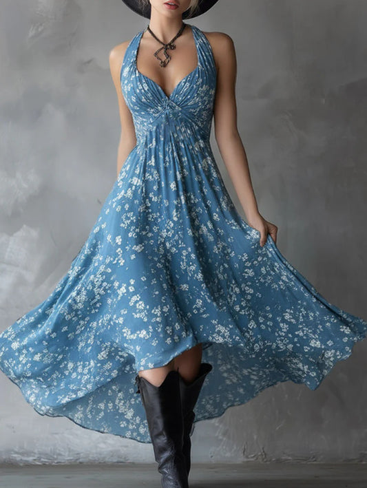 Off-shoulder halter floral print maxi dress