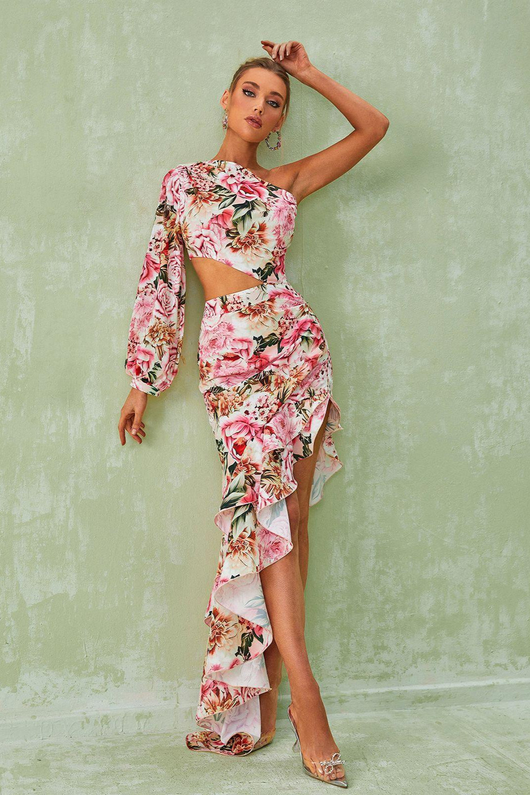 Aiyana One Shoulder Floral Maxi Dress In Pink