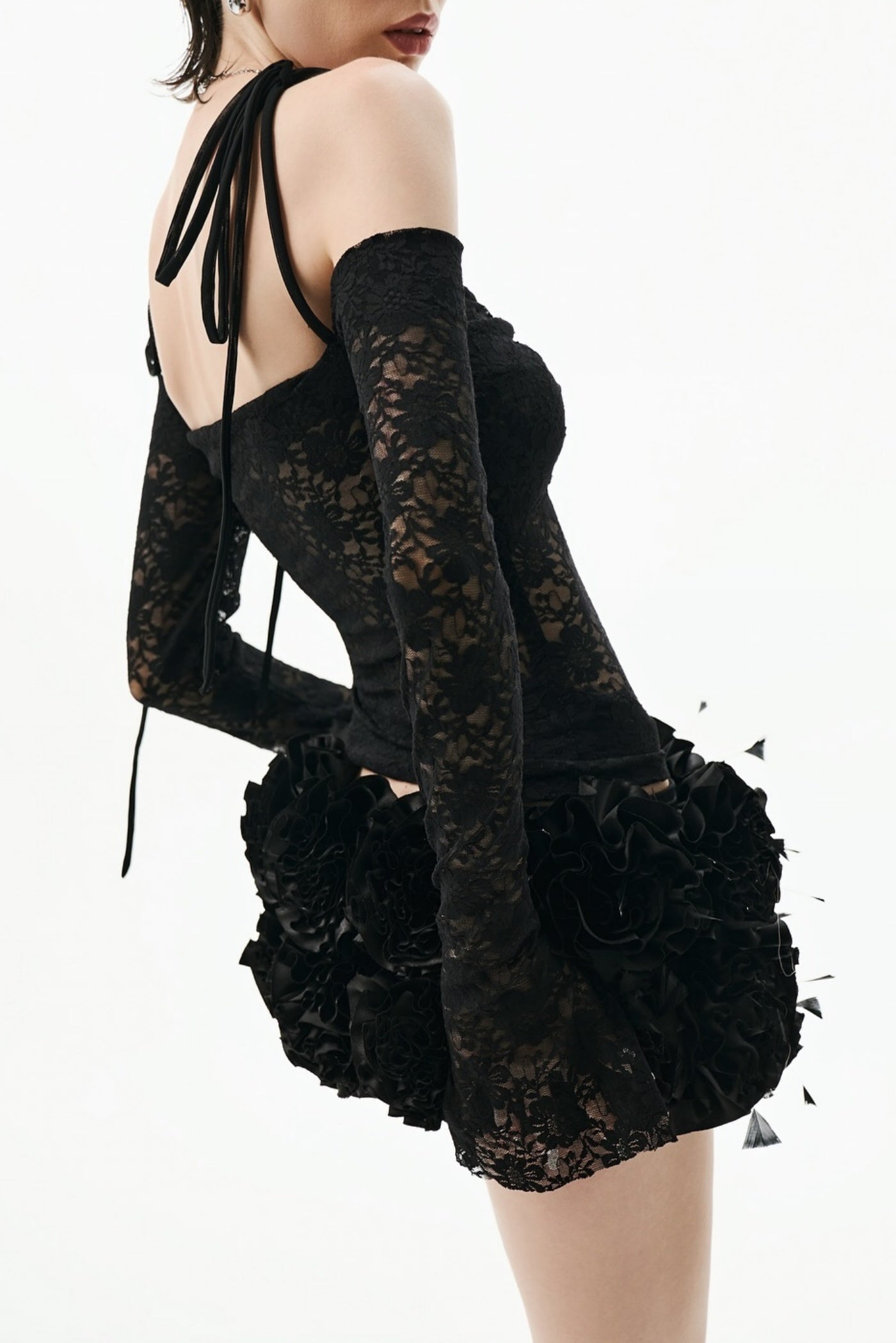 Lace Floral Appliqué Two Piece Set - Black