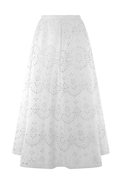 Scalloped V Neck Eyelet Embroidery Sleeveless Midi Dress - White