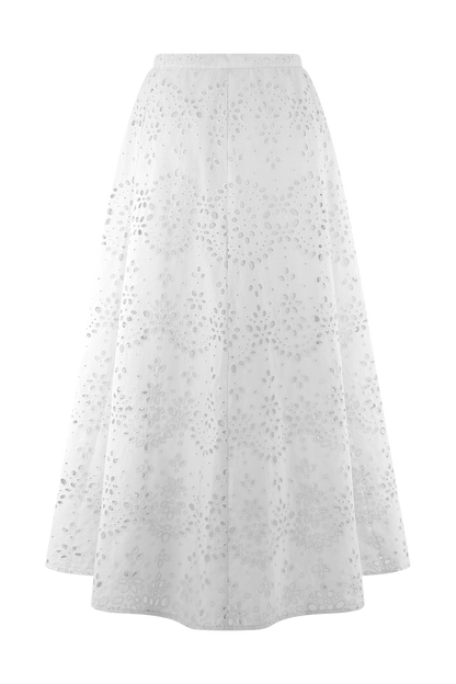 Scalloped V Neck Eyelet Embroidery Sleeveless Midi Dress - White