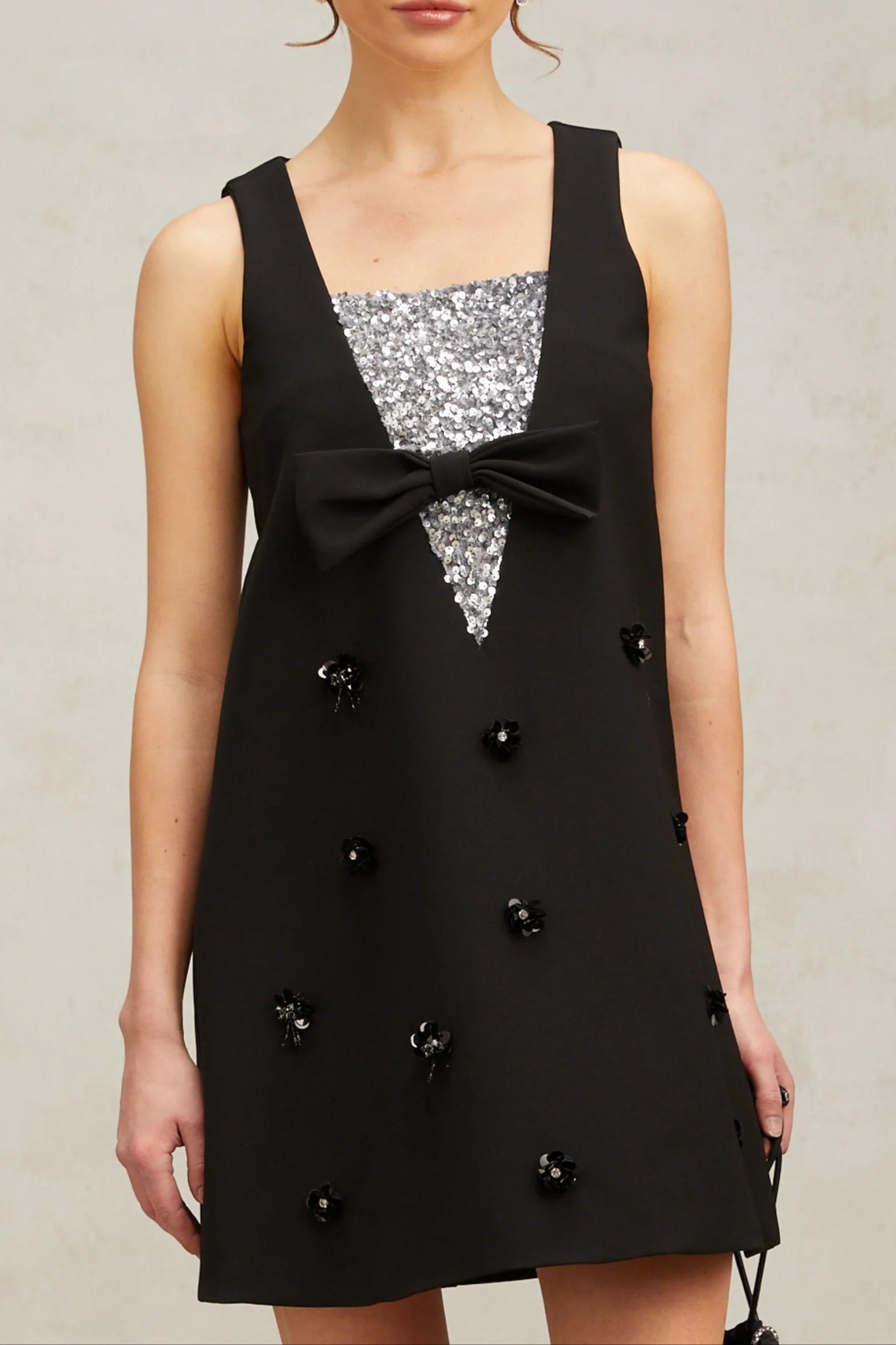 Aviva black 3d-petal sequined mini dress