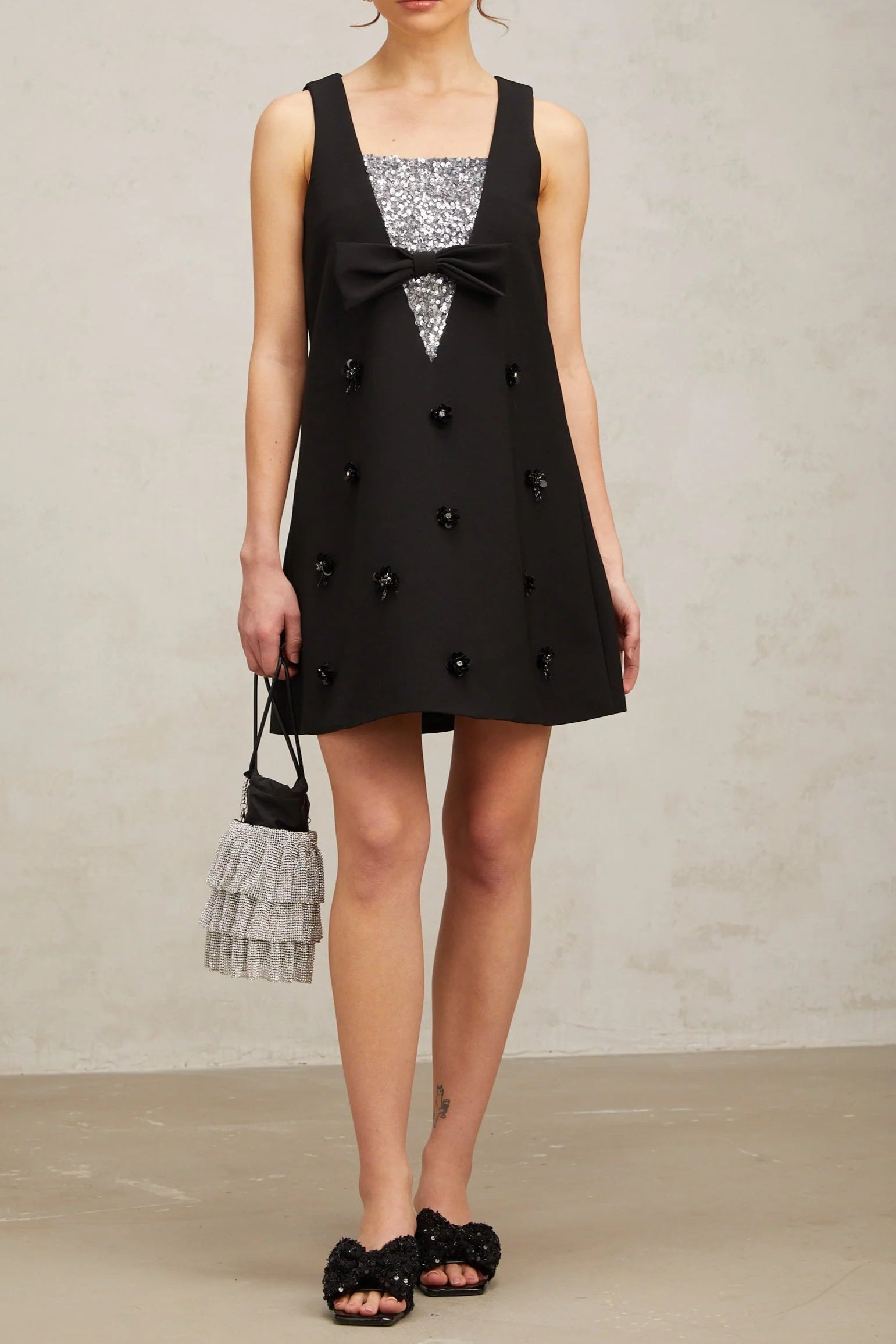Aviva black 3d-petal sequined mini dress