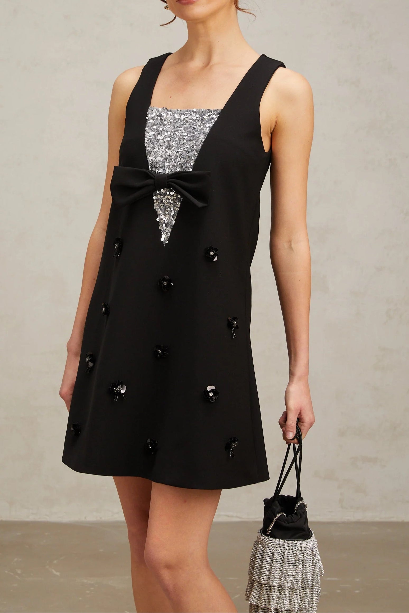 Aviva black 3d-petal sequined mini dress