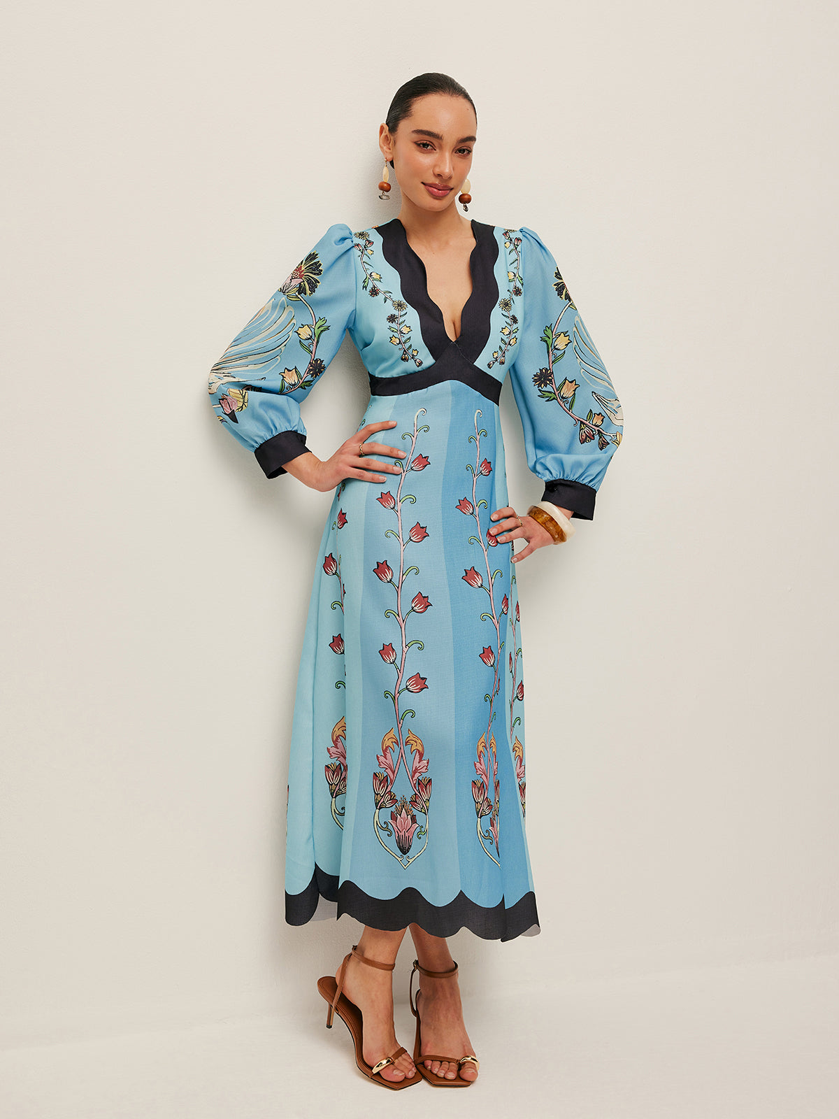 Elegant Backless and Puff Sleeve Floral Dress