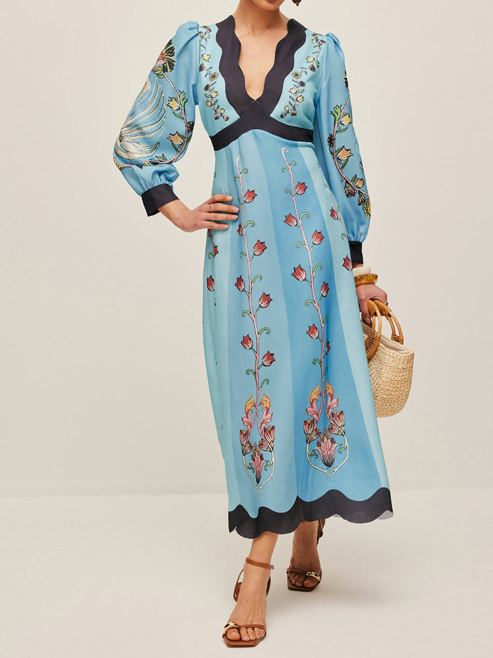 Elegant Backless and Puff Sleeve Floral Dress