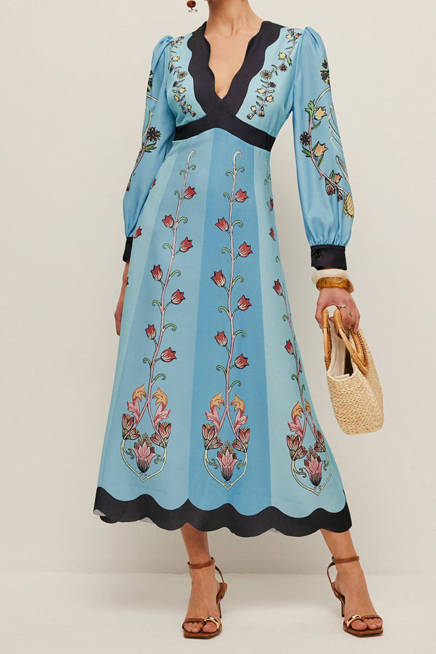 Elegant Backless and Puff Sleeve Floral Dress