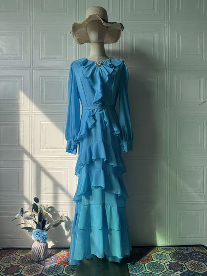 V-neck long-sleeve ruffle maxi dress