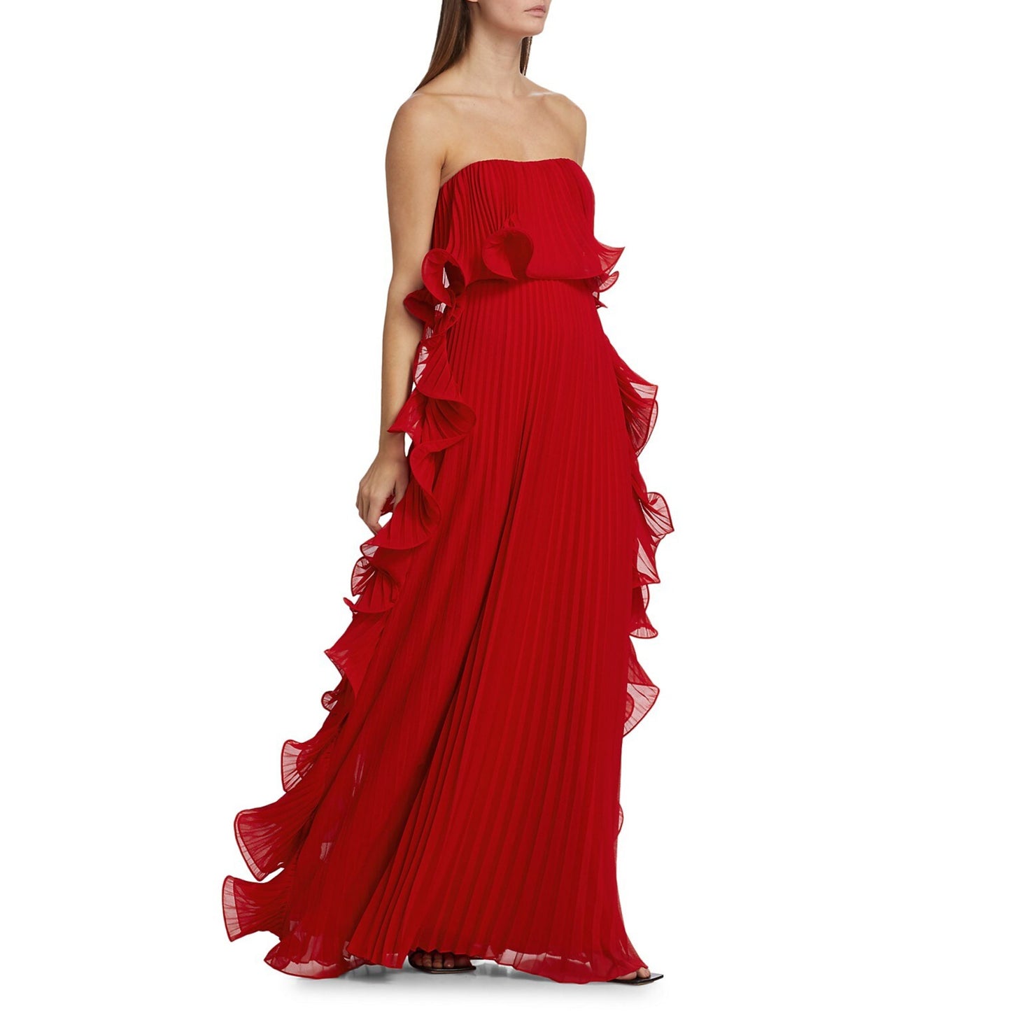 Off-Shoulder Pleated Frill Maxi Dress - Red