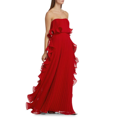 Off-Shoulder Pleated Frill Maxi Dress - Red