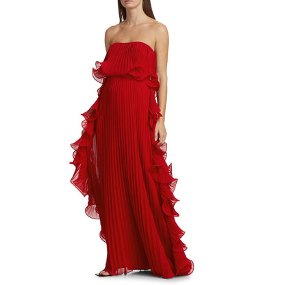 Off-Shoulder Pleated Frill Maxi Dress - Red