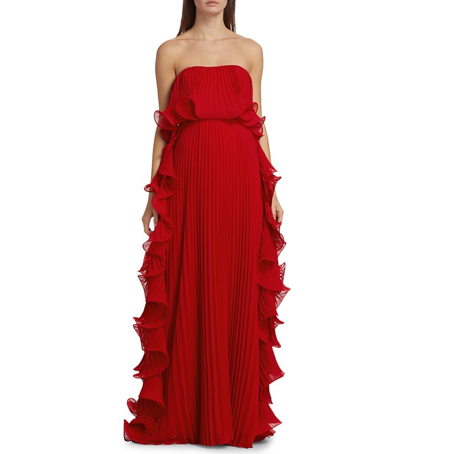 Off-Shoulder Pleated Frill Maxi Dress - Red