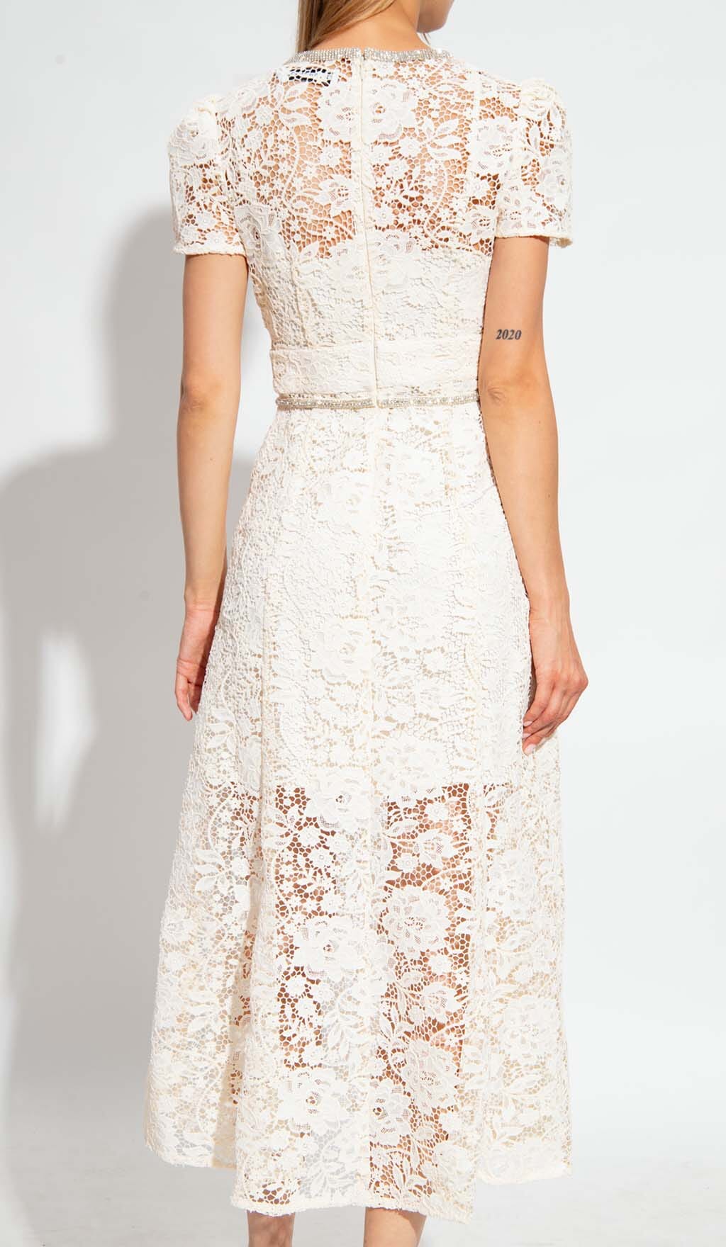 FLORAL LACE BOW MIDI DRESS IN IVORY