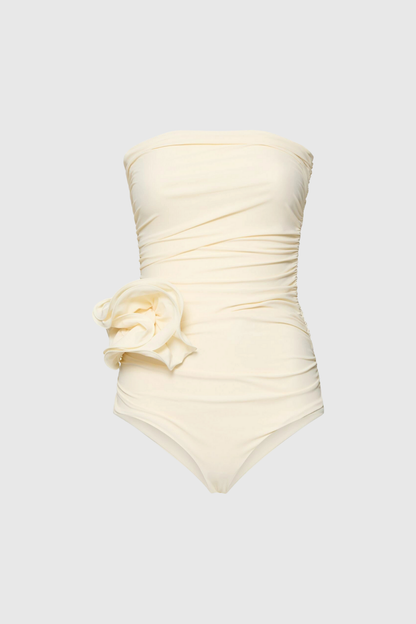 nancy Ruched Flower One Piece Swimsuit In Cream
