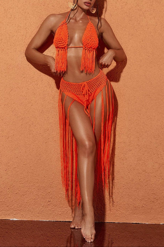 Berlin Knit Fringe Bikini Two Piece Set In Orange