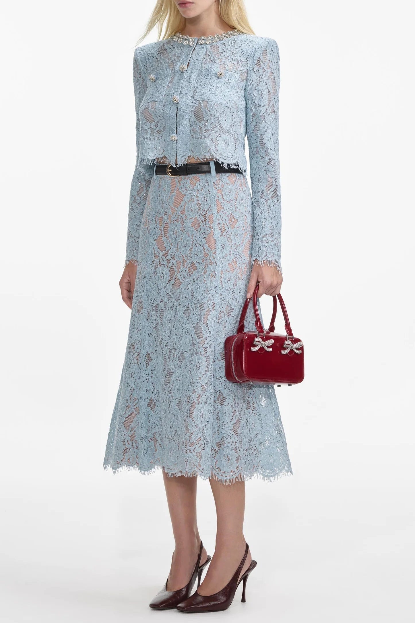 carol lace flared midi skirt in blue