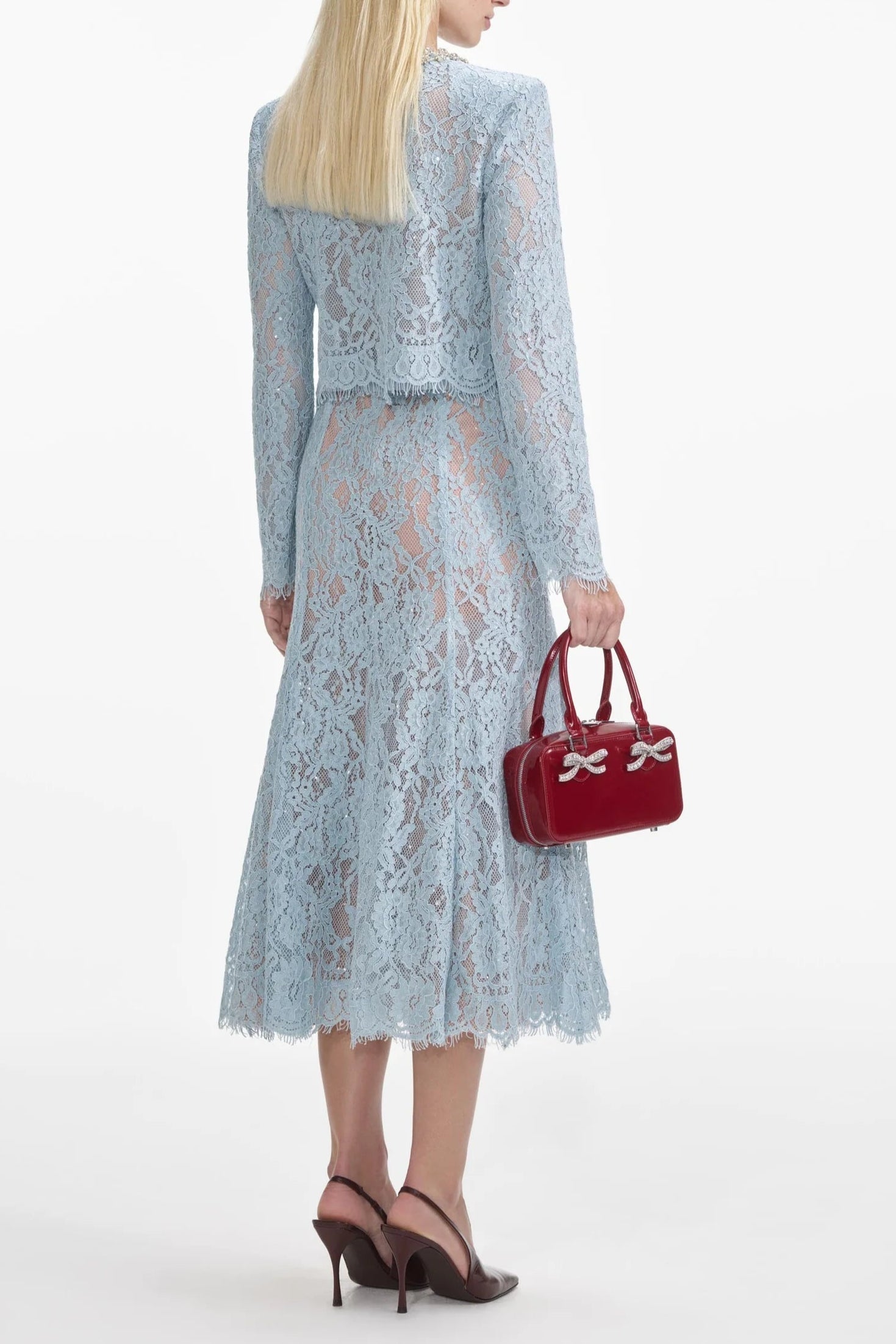 carol lace flared midi skirt in blue