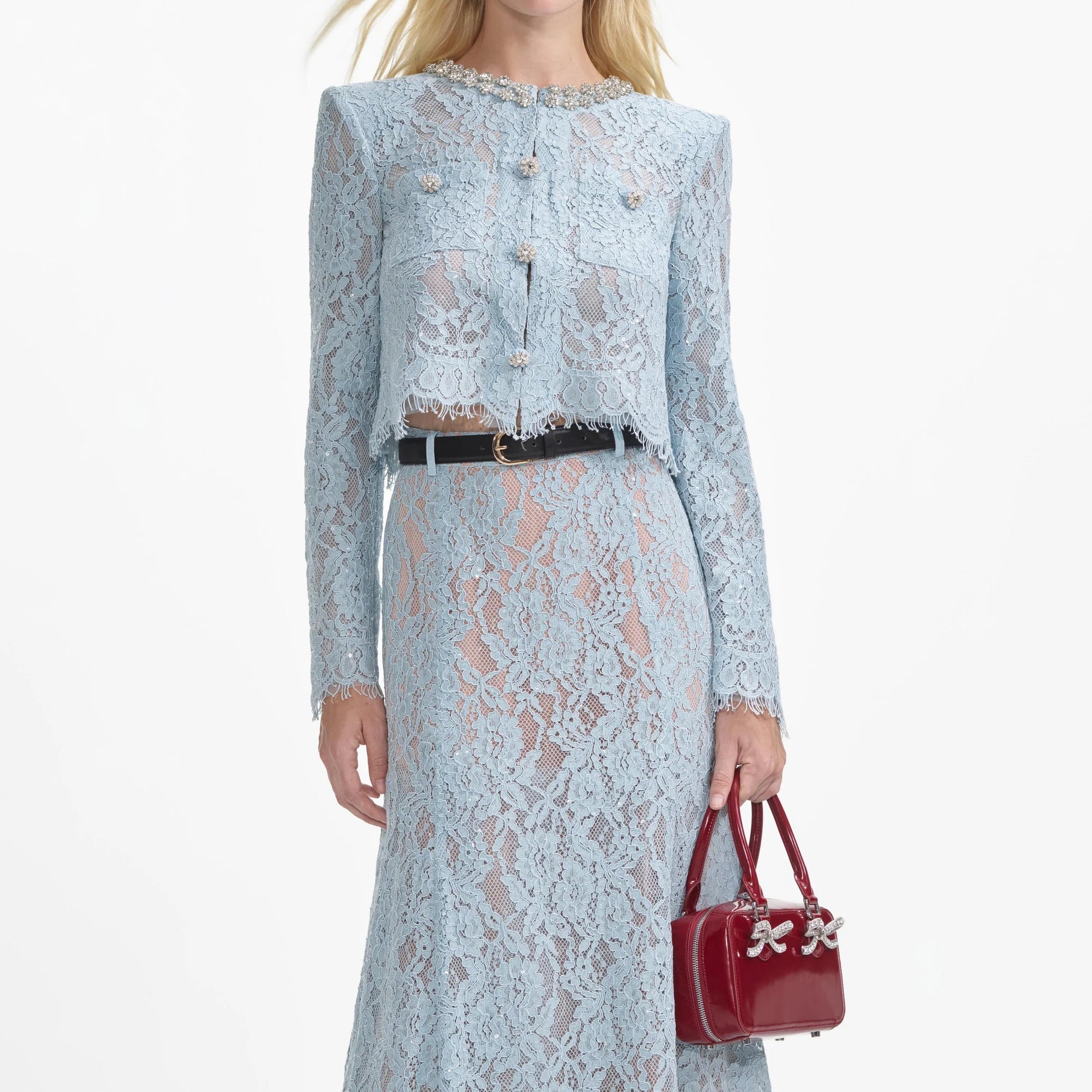 carol lace flared midi skirt in blue