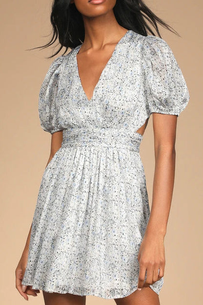 Budding Love White Floral Print Puff Sleeve Cutout Mini Dress