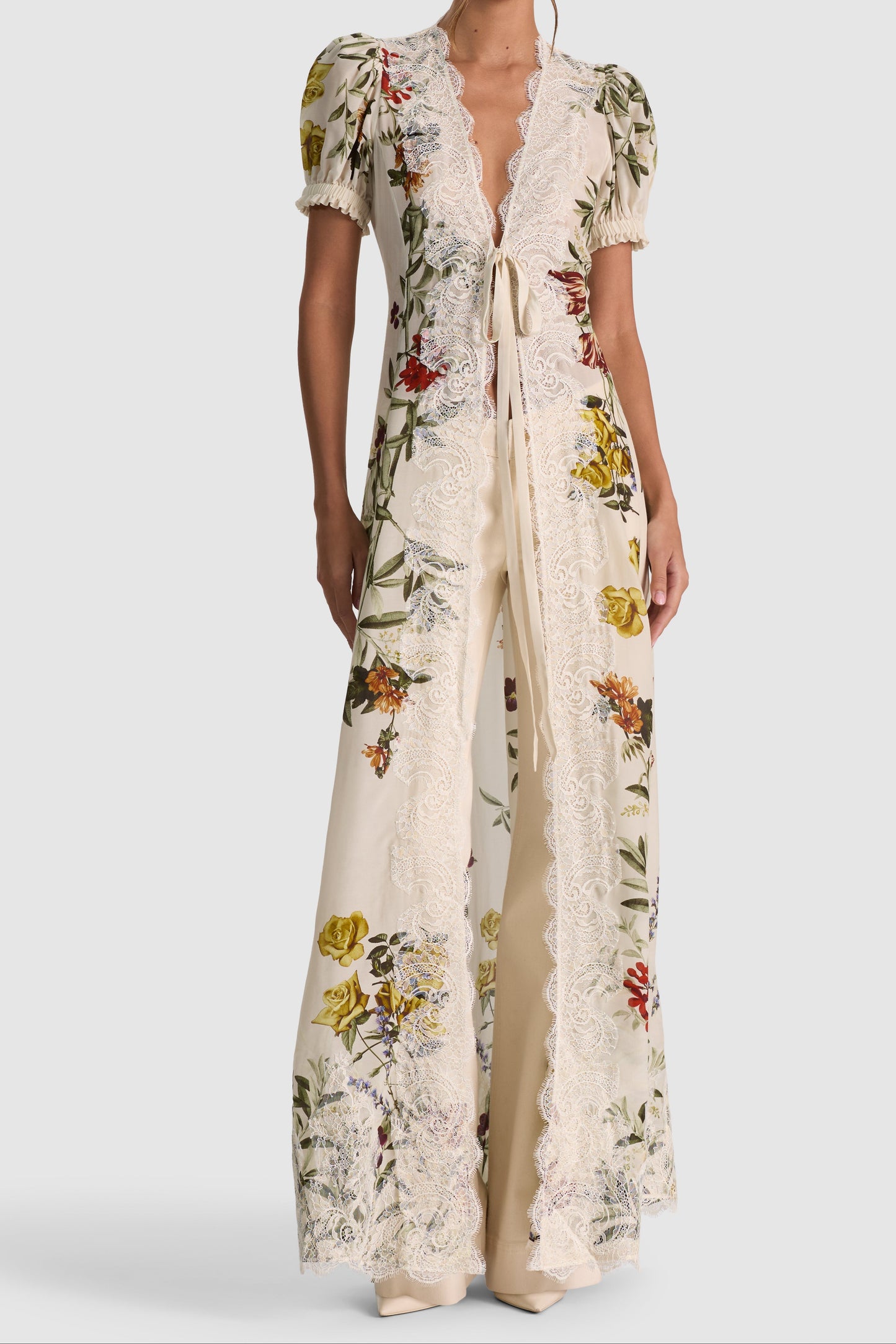 v-neck Printed puff-sleeve cardigan maxi dress 