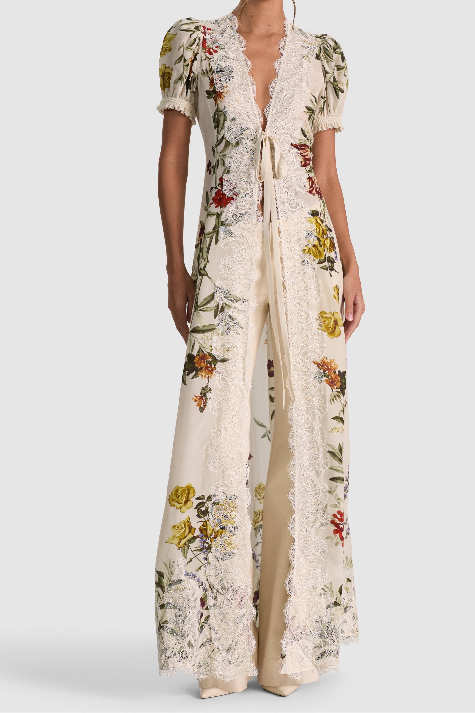v-neck Printed puff-sleeve cardigan maxi dress 