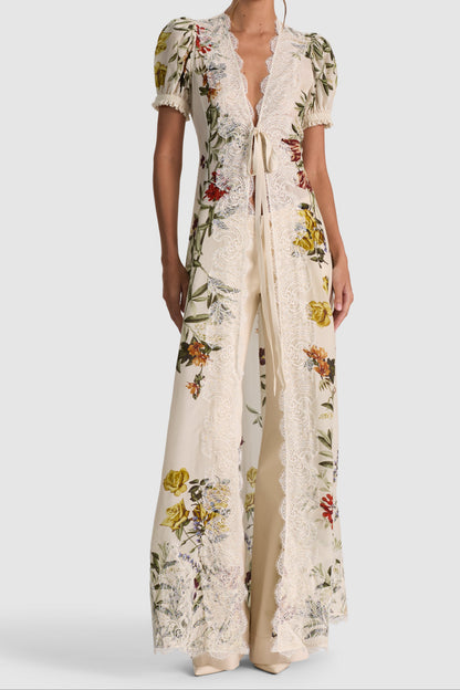 v-neck Printed puff-sleeve cardigan maxi dress 