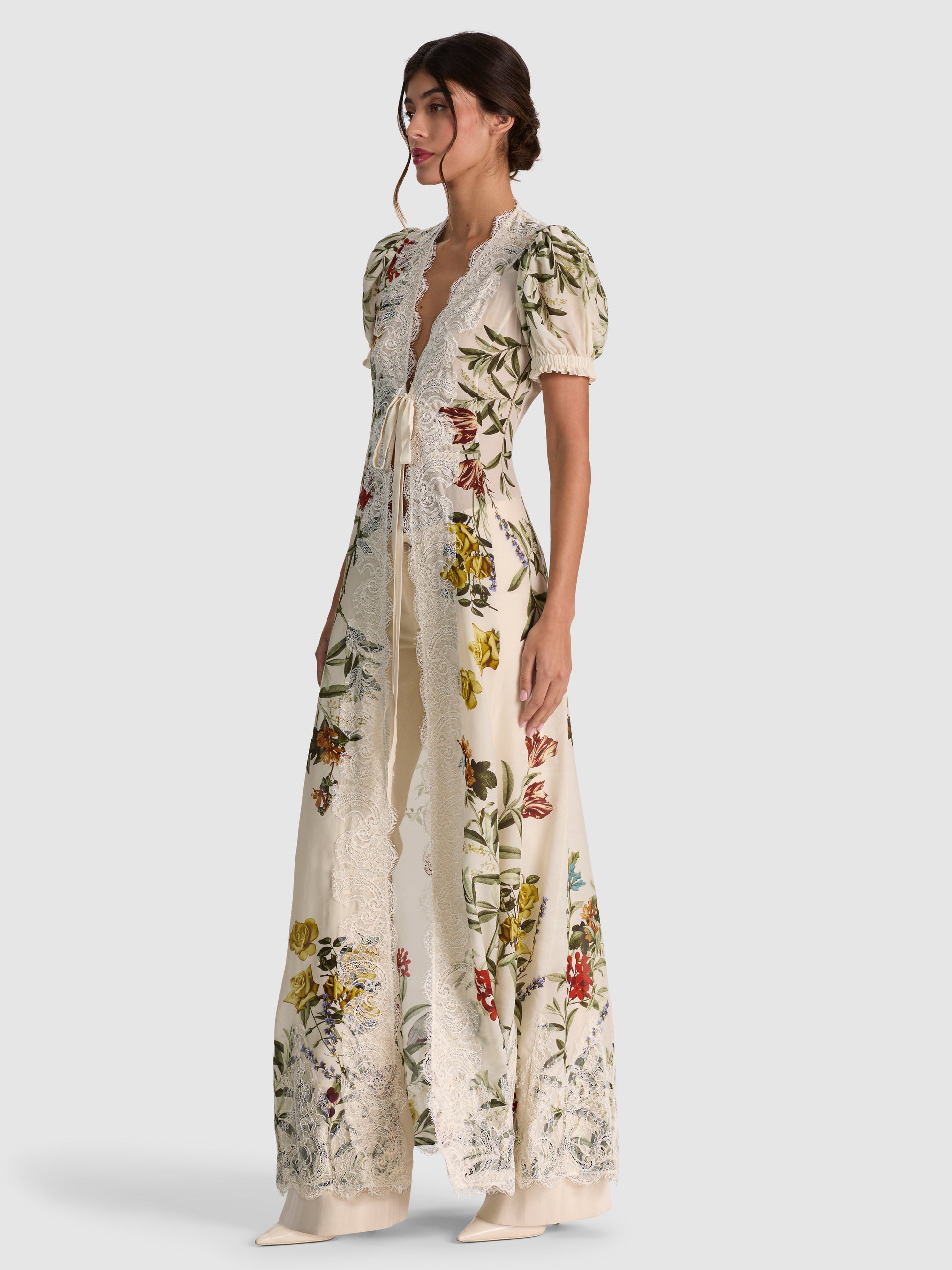 v-neck Printed puff-sleeve cardigan maxi dress 